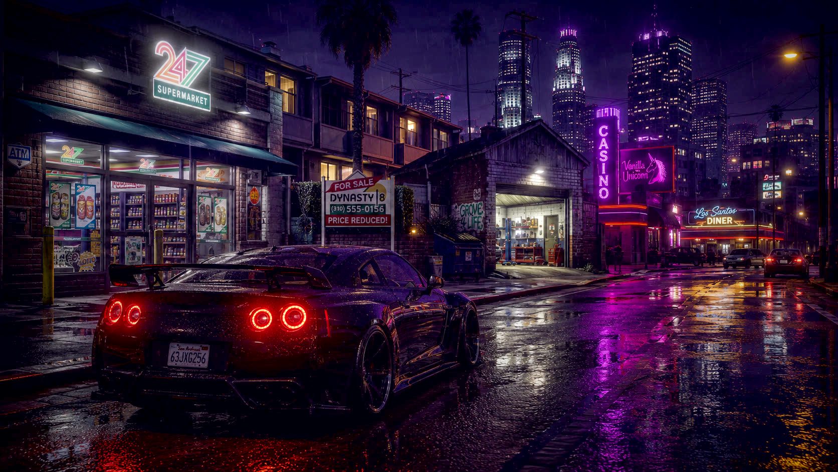 Rücklichter im Regen auf einer Straße in Los Santos
